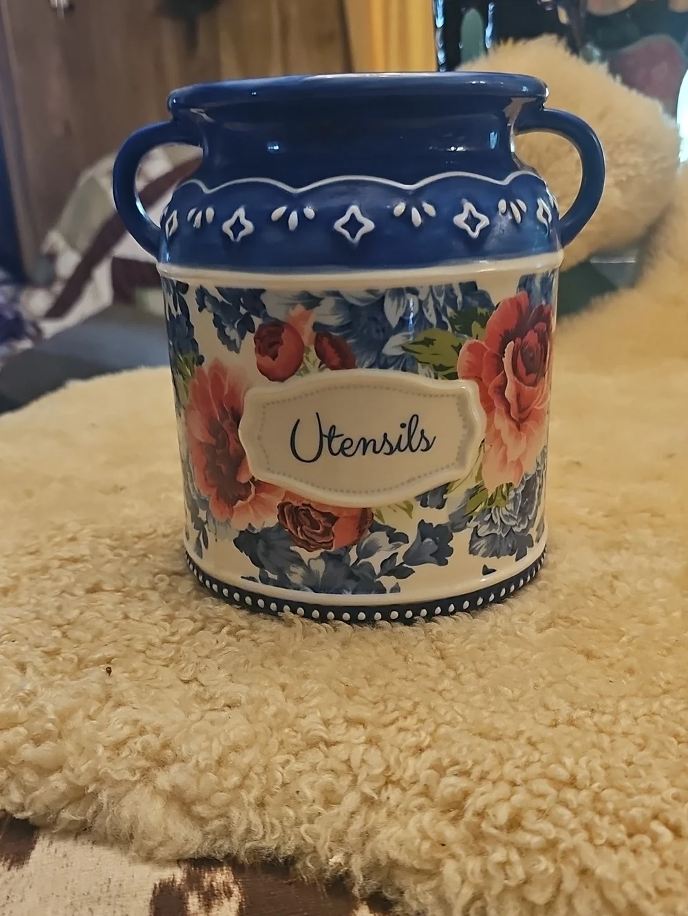 The Pioneer Woman Blue Floral Utensils Crock with Rose Motif